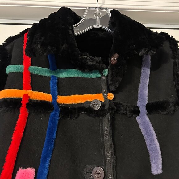 ZUKI Sz M/L Black Sheared Beaver w/Suede & Abstract Design Reversible Coat Jkt - Picture 4 of 14